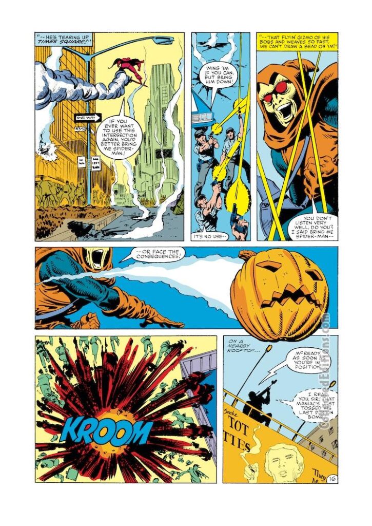 Amazing Spider-Man #245, pg. 16; pencils, John Romita Jr.; inks, Dave Simons; Hobgoblin, NYPD, goblin bombs
