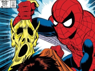 Amazing Spider-Man #245 cover; pencils, John Romita Jr.; inks, Dave Simons; Hobgoblin mask, secret identity, Roderick Kingsley