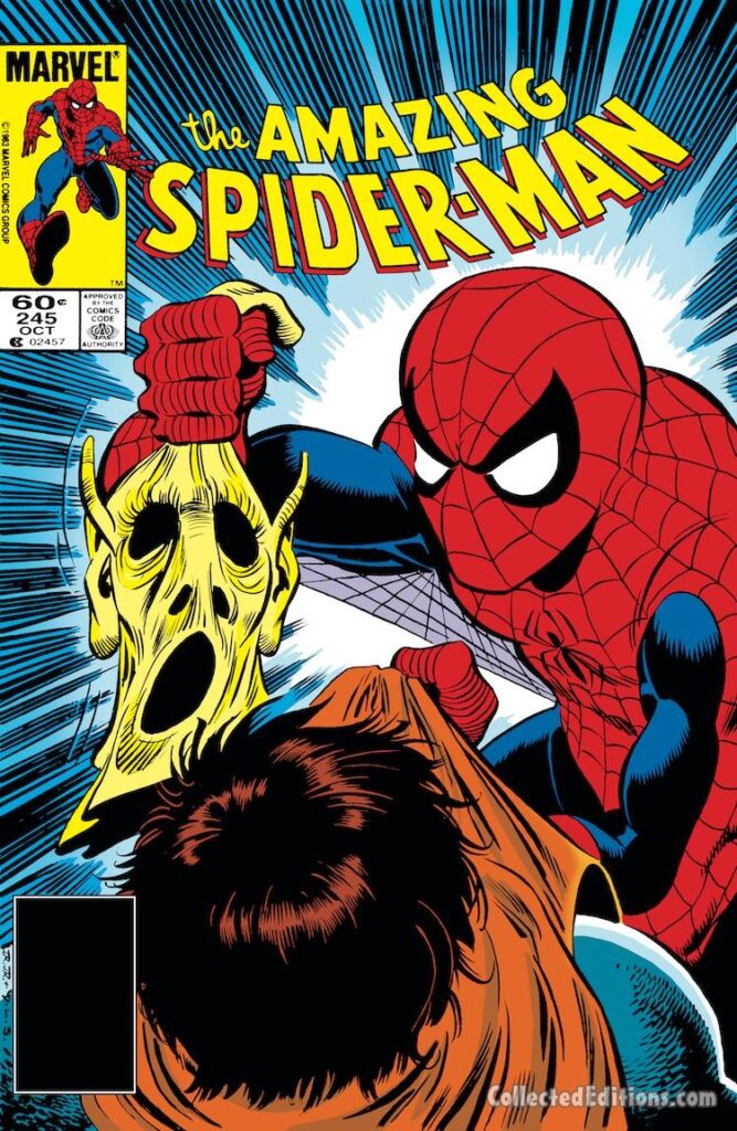 Amazing Spider-Man #245 cover; pencils, John Romita Jr.; inks, Dave Simons; Hobgoblin mask, secret identity, Roderick Kingsley