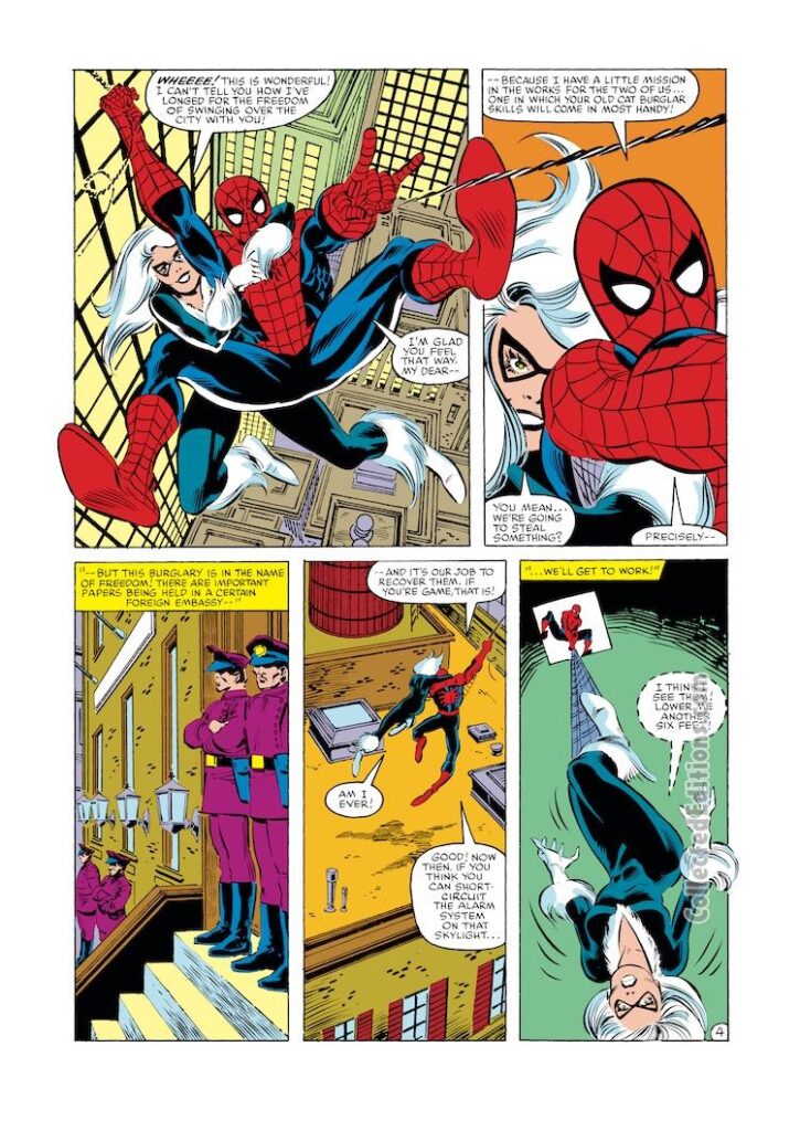 Amazing Spider-Man #246, pg. 4; pencils, John Romita Jr.; inks, Dan Green; Black Cat, Felecia Hardy, webswinging