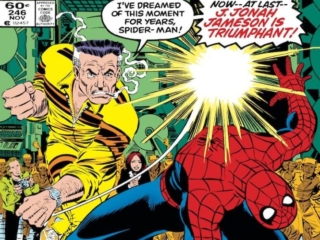 Amazing Spider-Man #246 cover; pencils, John Romita Jr.; inks, Dan Green; J. Jonah Jameson is Triumphant, punches Spidey, Peter Parker, Marla Madison