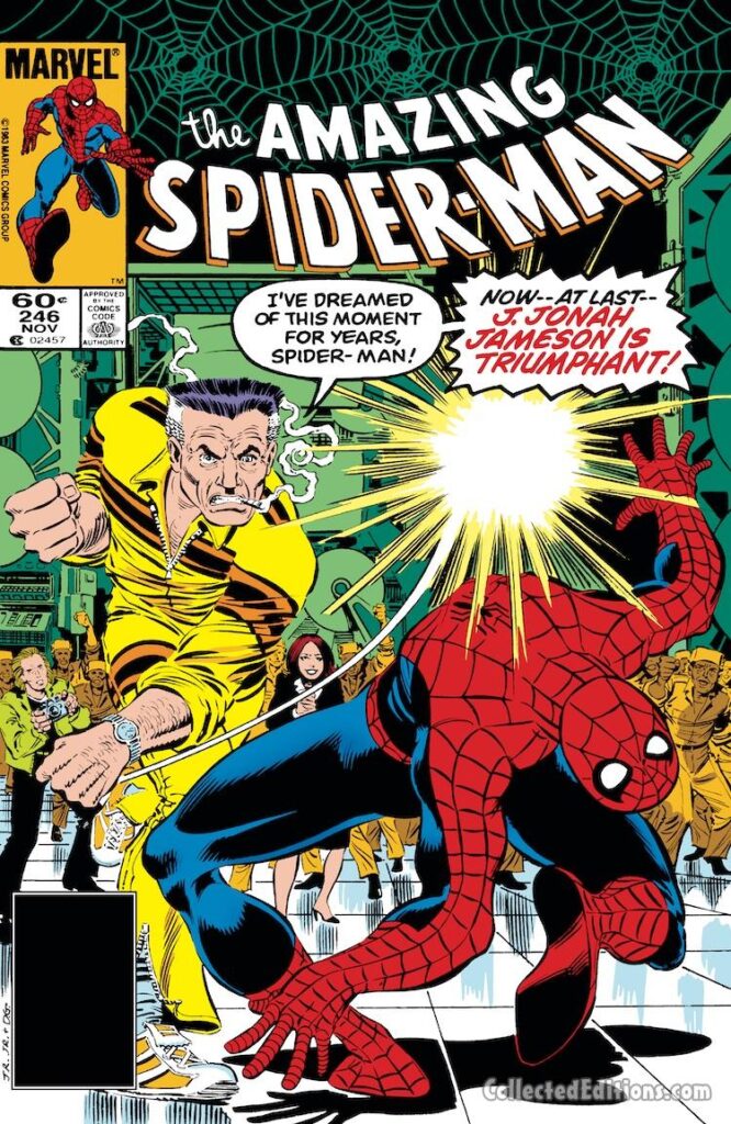 Amazing Spider-Man #246 cover; pencils, John Romita Jr.; inks, Dan Green; J. Jonah Jameson is Triumphant, punches Spidey, Peter Parker, Marla Madison
