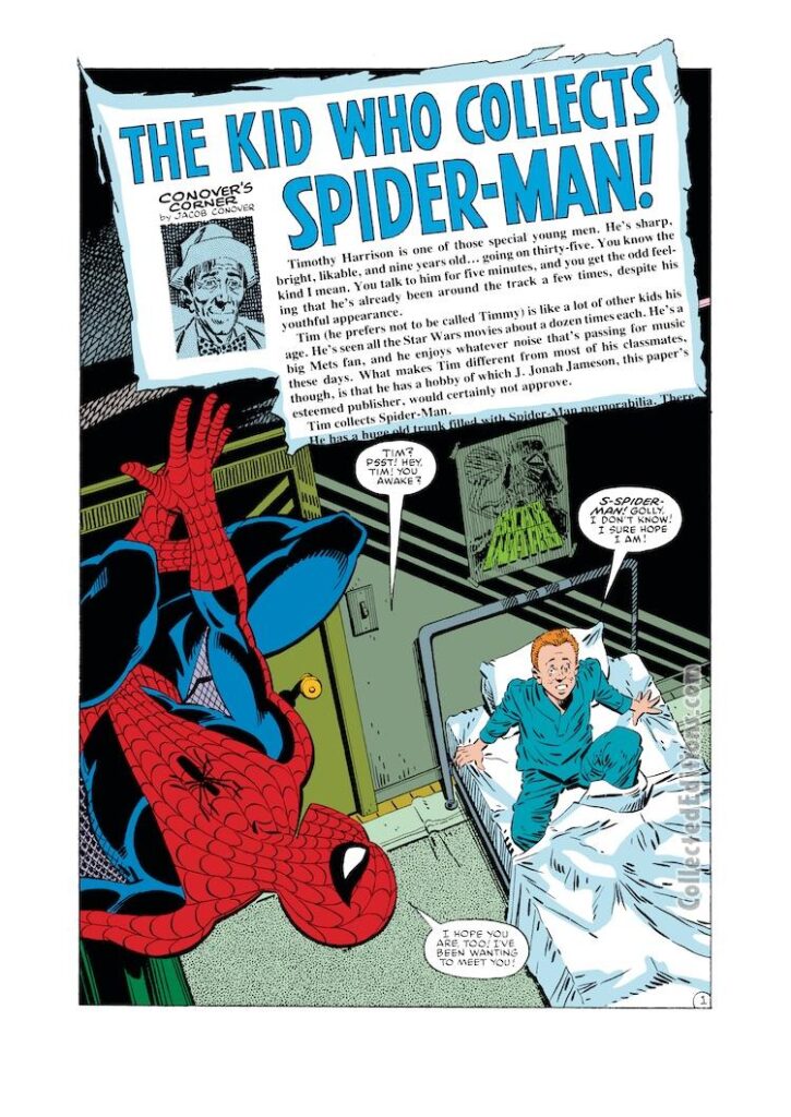 Amazing Spider-Man #248. “The Kid Who Collects Spider-Man!”, pg. 1; pencils, Ron Frenz; inks, Terry Austin; Conover's Corner, Jacob Conover, newspaper, Star Wars poster, Timothy Harrison, Tim