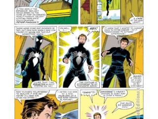 Amazing Spider-Man #252, pg. 10; pencils, Ron Frenz; inks, Bret Breeding; first appearance, black costume, alien symbiote, Venom, Secret Wars, Beyonder