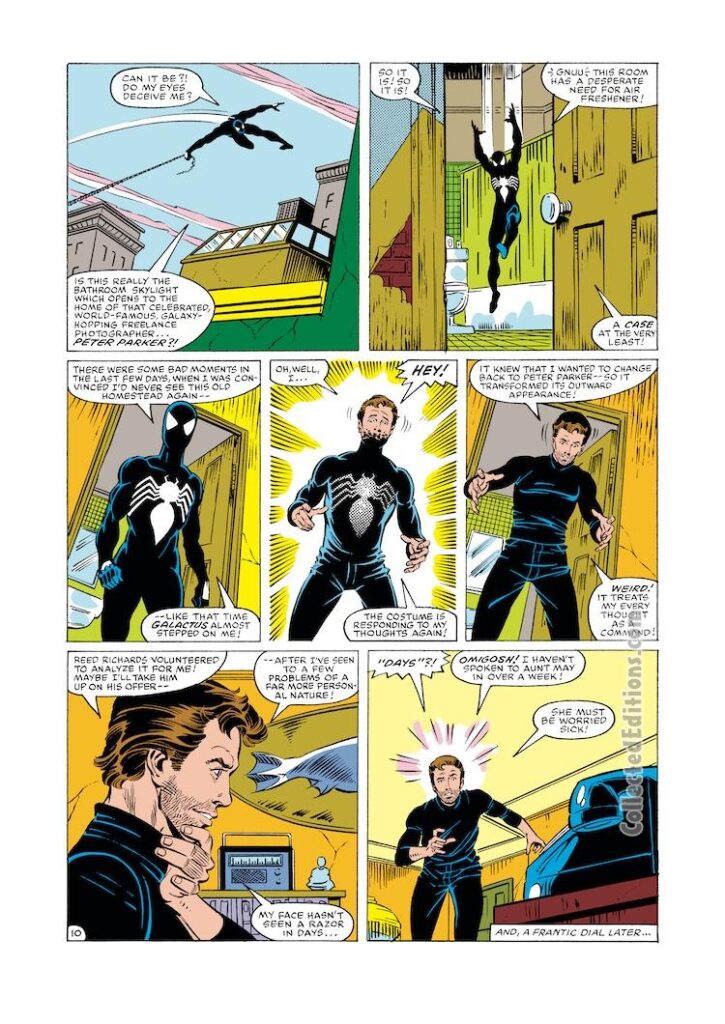 Amazing Spider-Man #252, pg. 10; pencils, Ron Frenz; inks, Bret Breeding; first appearance, black costume, alien symbiote, Venom, Secret Wars, Beyonder