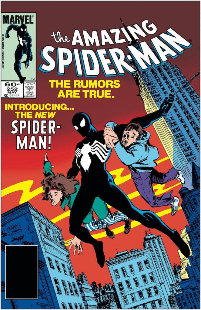Amazing Spider-Man #252 cover; pencils, Ron Frenz; inks, Klaus Janson, black costume, first appearance, rumors are true, introducing