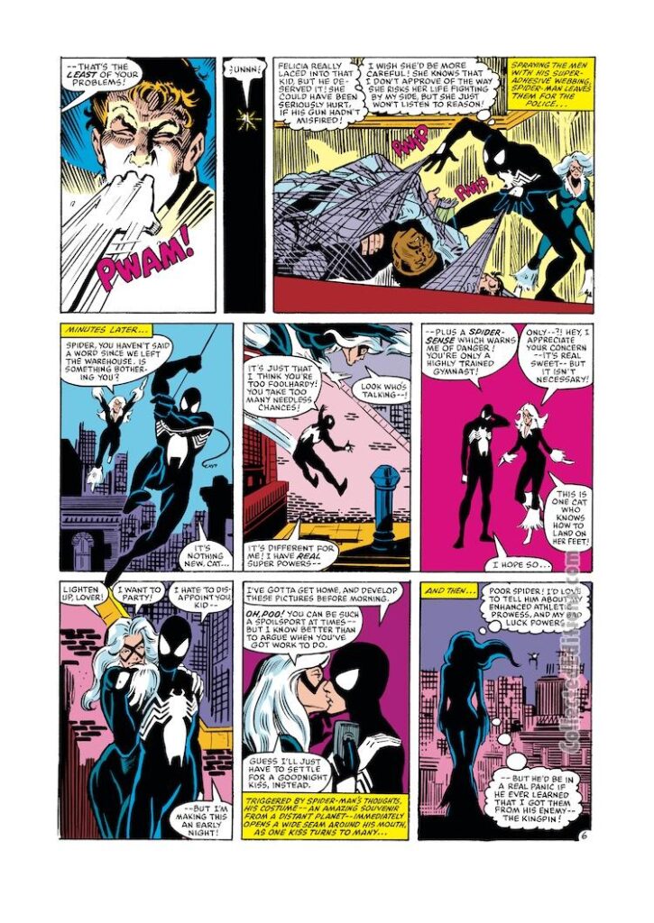 Amazing Spider-Man #256, pg. 6; pencils, Rick Leonardi; inks, Joe Rubinstein; Black Cat, Felicia Hardy, black costume