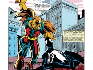 Amazing Spider-Man #257, pg. 1; pencils, Ron Frenz; inks, Joe Rubinstein; Beware the Claws of the Puma, Stan Lee Presents, Tom DeFalco, black costume