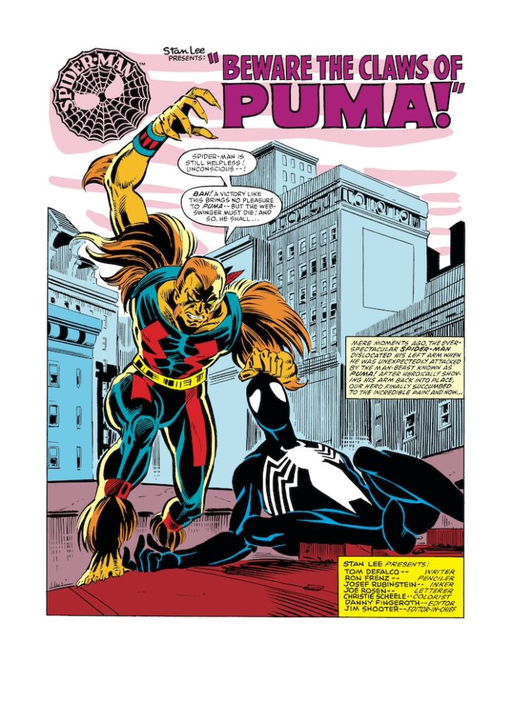 Amazing Spider-Man #257, pg. 1; pencils, Ron Frenz; inks, Joe Rubinstein; Beware the Claws of the Puma, Stan Lee Presents, Tom DeFalco, black costume