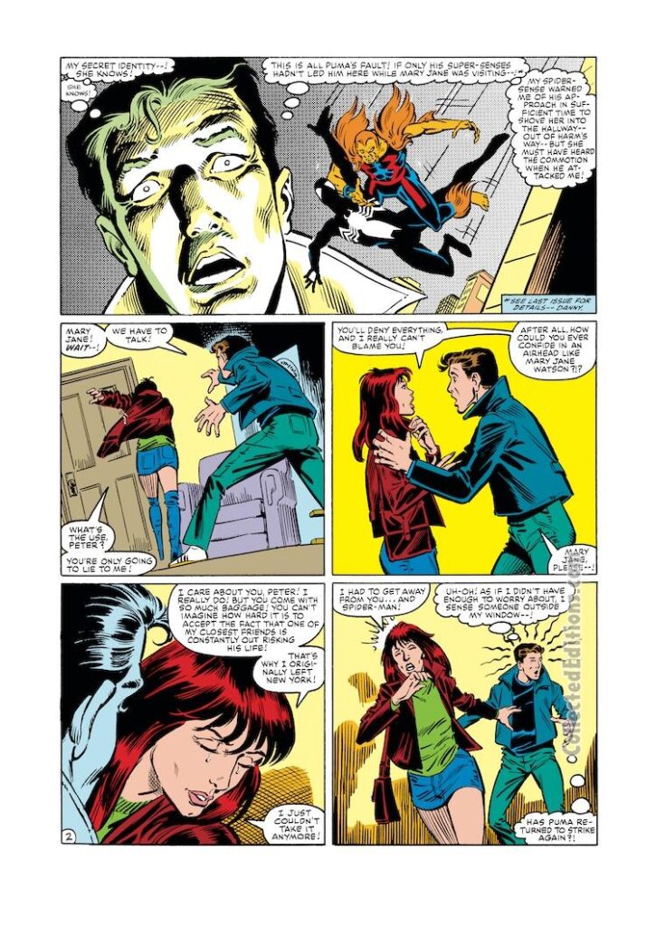 Amazing Spider-Man #258, pg. 2; pencils, Rick Leonardi; inks, Joe Rubinstein; The Puma, Mary Jane Watson, secret identity