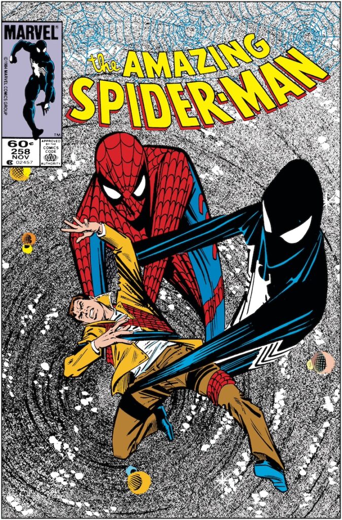 Amazing Spider-Man #258 cover; pencils, Ron Frenz; inks, Joe Rubinstein; black costume