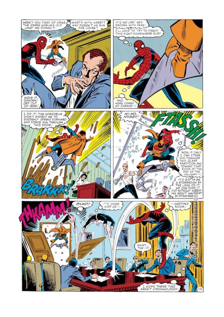 Amazing Spider-Man #260, pg. 14; pencils, Ron Frenz; inks, Bret Breeding, Joe Rubinstein; Norman Osborn, Harry Osborn, Hobgoblin, Roderick Kingsley