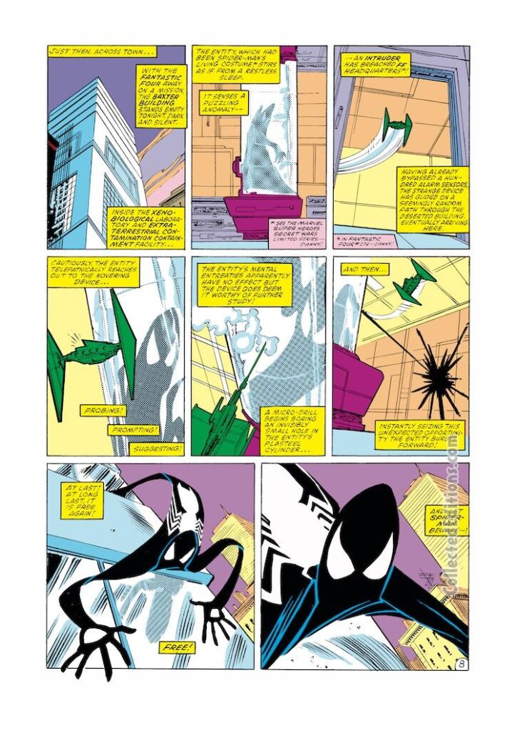 Amazing Spider-Man #261, pg. 8; pencils, Ron Frenz; inks, Joe Rubinstein; black costume, alien symbiote
