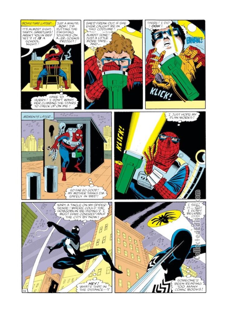 Amazing Spider-Man #263, pg. 14; pencils, Ron Frenz; inks, Brett Breeding, John Beatty; black costume; Spider-Kid, Ollie Osnick, first appearance