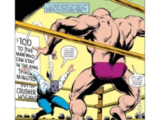 Amazing Spider-Man #271, pg. 1; pencils, Ron Frenz; inks, Joe Rubinstein; Whatever Happened to Crusher Hogan, Tom DeFalco, writer, splash page, Peter Parker, wrestling ring