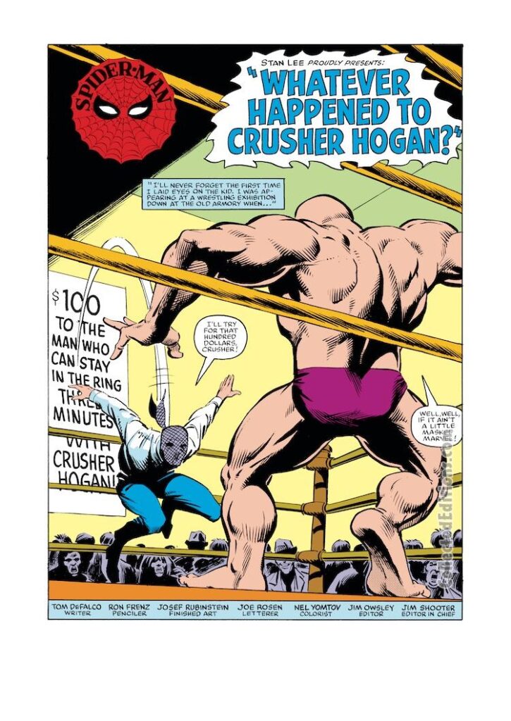 Amazing Spider-Man #271, pg. 1; pencils, Ron Frenz; inks, Joe Rubinstein; Whatever Happened to Crusher Hogan, Tom DeFalco, writer, splash page, Peter Parker, wrestling ring