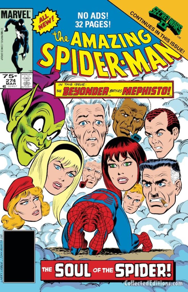 Amazing Spider-Man #274 cover; pencils, Larry Lieber; inks, John Romita Sr.; The Beyond Battles Mephisto, The Soul of the Spider, Secret Wars II crossover