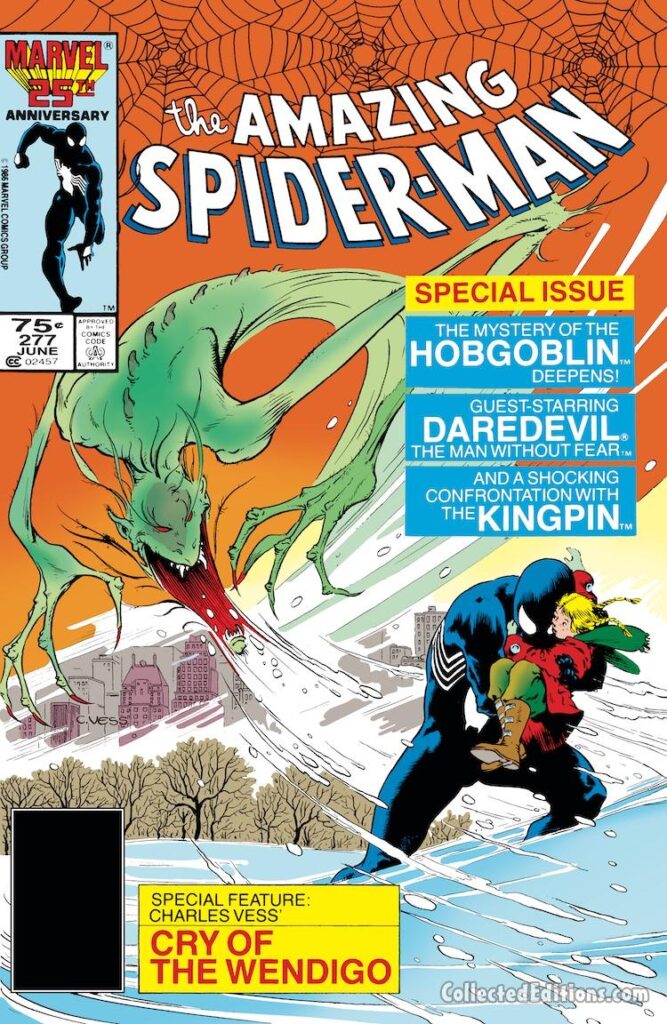 Amazing Spider-Man #277 cover; pencils and inks, Charles Vess; Special Issue, the Mystery of the Hobgoblin Deepens, Guest-Starring Daredevil, Man Without Fear, Shocking Confrontation with Kingpin, Cry of the Wendigo