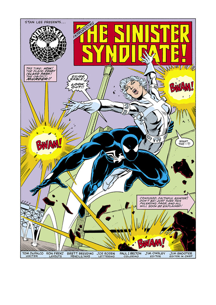 Amazing Spider-Man #280, pg. 1; layouts, Ron Frenz; pencils and inks, Bret Breeding; Sinister Syndicate, black costume, Silver Sable, Tom DeFalco, Stan Lee Presents, splash page