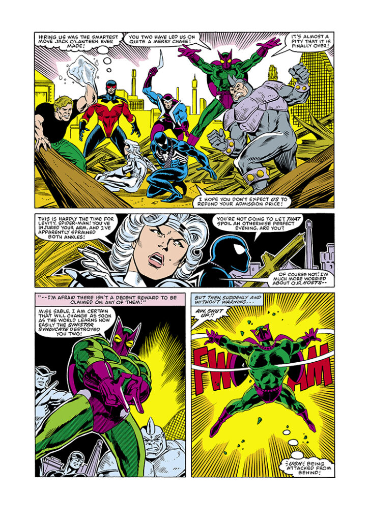 Amazing Spider-Man #281, pg. 2; pencils and inks, Bret Breeding; Rhino, Beetle, Boomerang, Hydroman, black costume, Silver Sable, Speed Demon, Sinister Syndicate