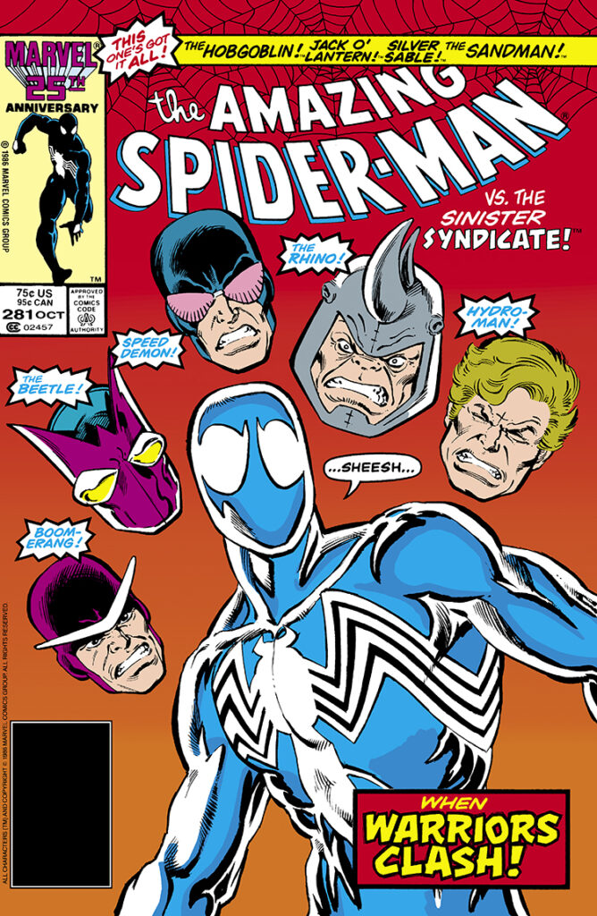 Amazing Spider-Man #281 cover; pencils, Michael Harris, Tom Morgan; inks, Joe Rubinstein; Rhino, Hydroman, Speed Demon, Beetle, Boomerang, Sheesh, When Warriors Clash, black costume