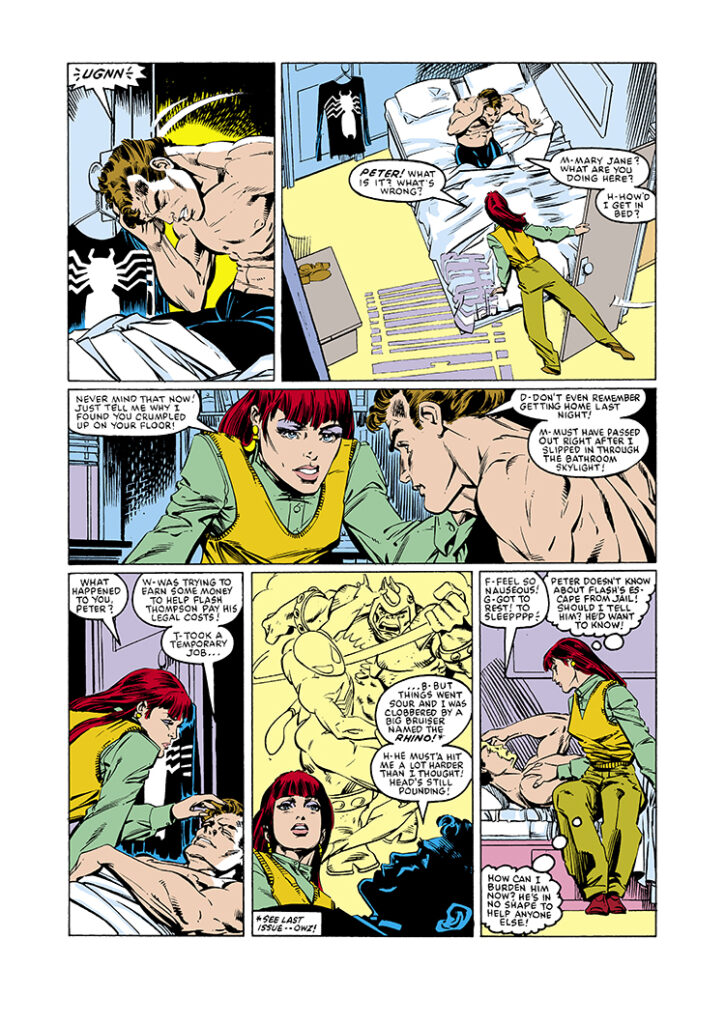 Amazing Spider-Man #282, pg. 8; pencils, Rick Leonardi; inks, Bob Layton, black costume, Mary Jane Watson, Rhino