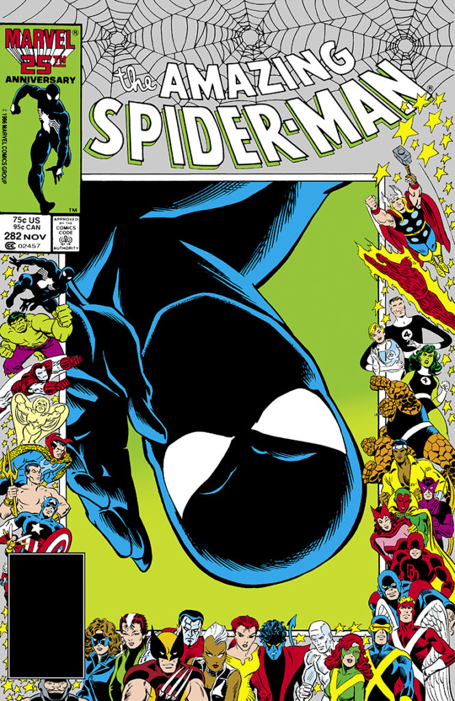 Amazing Spider-Man #282 cover; pencils, Ron Frenz; inks, Joe Rubinstein, black costume, Marvel 25th anniversary frame