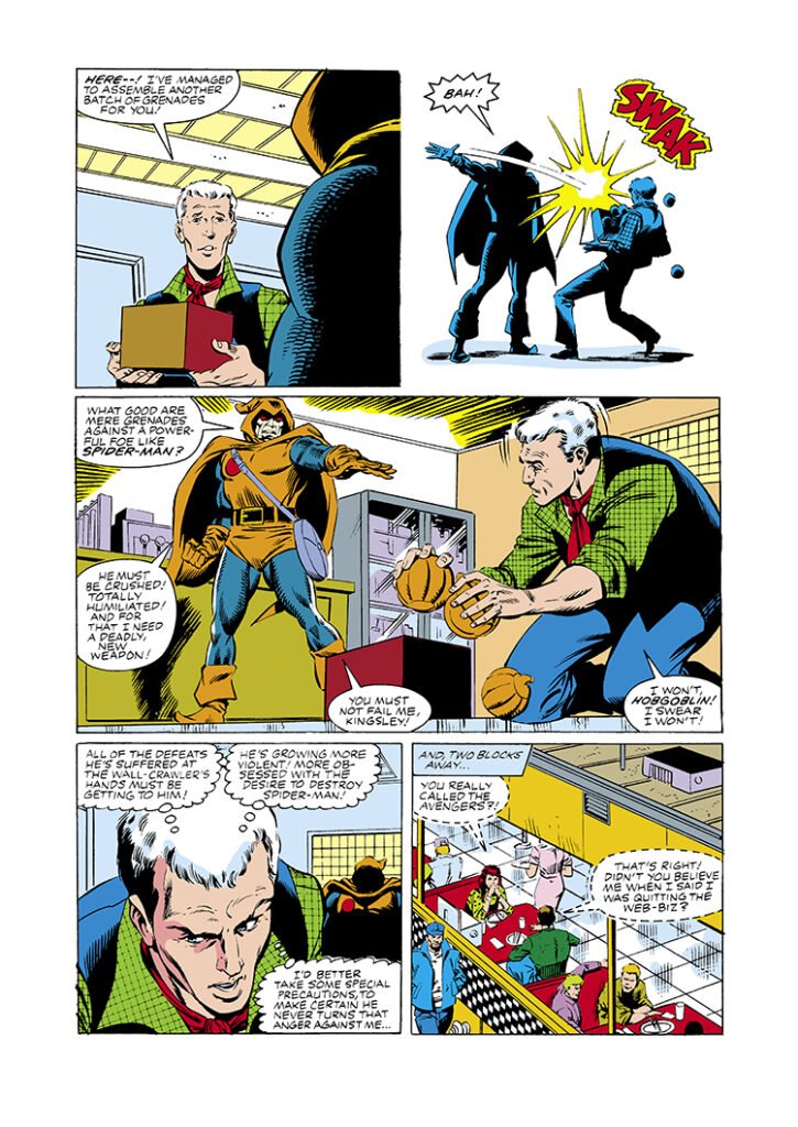 Amazing Spider-Man #283, pg. 14; pencils, Ron Frenz; inks, Bob Layton; Hobgoblin, pumpkin bombs, Roderick Kingsley