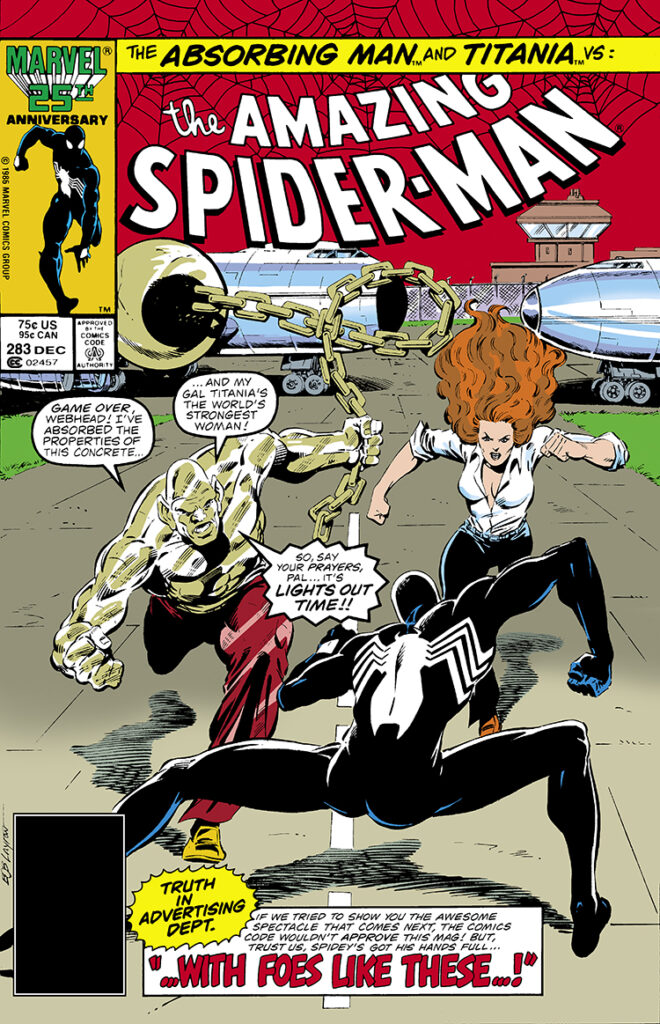 Amazing Spider-Man #283 cover; pencils and inks, Bob Layton; Absorbing Man and Titania vs. black costume, With Foes Like These