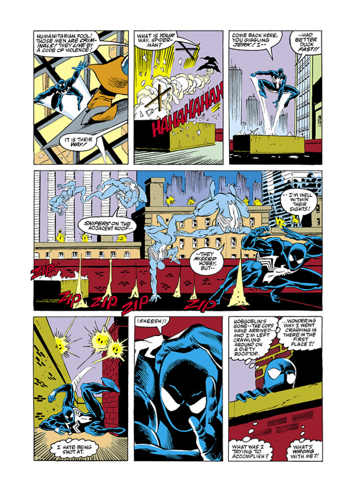 Amazing Spider-Man #284, pg. 5; layouts, Ron Frenz; pencils, Bret Breeding; inks, Bret Breeding, Joe Rubinstein; Hobgoblin, black costume