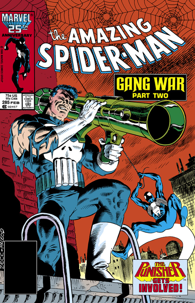 Amazing Spider-Man #285 cover; pencils, Mike Zeck; inks, Bob McLeod; Punisher Gets Involved, Gang War Part Two, black costume