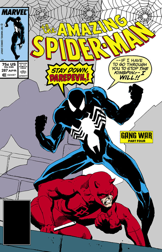 Amazing Spider-Man #287 cover; pencils, Bob Hall; inks, Kyle Baker; Stay Down, Daredevil, if I have to go through you to stop the Kingpin, I will, Gang War Part Four