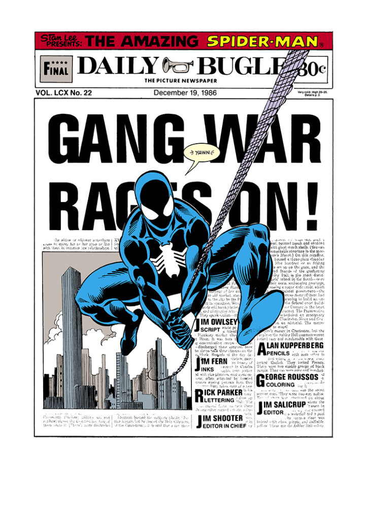 Amazing Spider-Man #288, pg. 1; pencils, Alan Kupperberg; inks, Jim Fern; Daily Bugle, Gang War Rages On, black costume, Jim Owsley, Christopher Priest, Stan Lee Presents