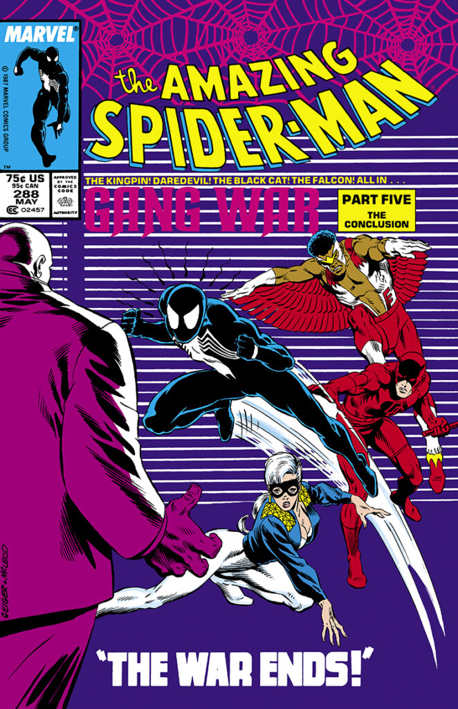 Amazing Spider-Man #288 cover; pencils, Steve Geiger; inks, Bob McLeod, Gang War Part Five Conclusion, Daredevil, Kingpin, Falcon, Black Cat, The War Ends