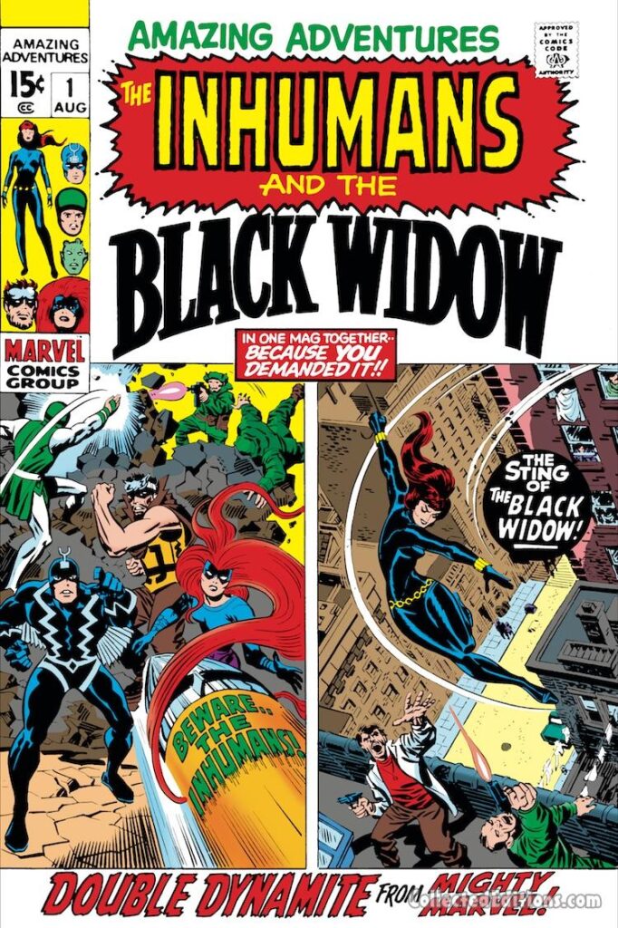 Amazing Adventures #1 cover; pencils, Jack Kirby (Inhumans), John Romita Sr. (Black Widow); inks, John Romita Sr.; Double Dynamite, Inhumans, Black Widow