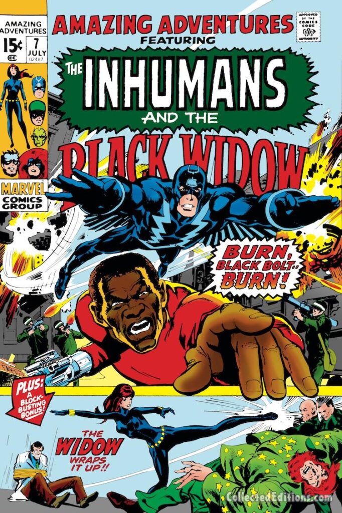 Amazing Adventures #7 cover; pencils and inks, Neal Adams; Burn Black Bolt Burn, Inhumans, Black Widow, the Astrologer