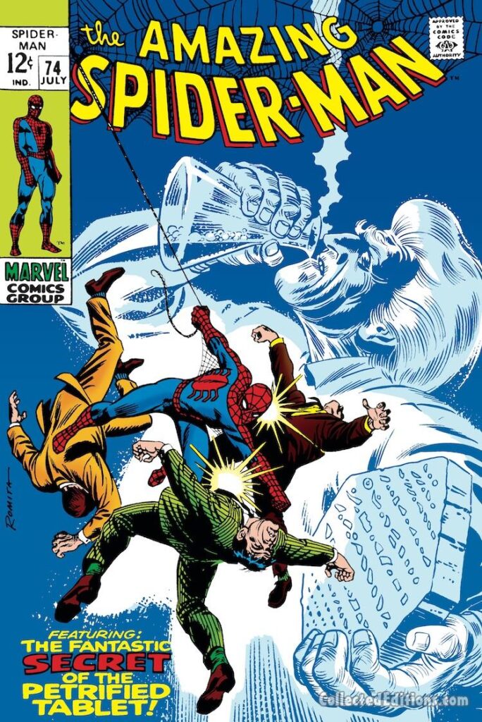Amazing Spider-Man #74 cover; pencils and inks, John Romita Sr.; The Fantastic Secret of the Petrified Tablet, Stone, Silvermane