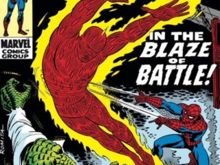 Amazing Spider-Man #77 cover; pencils and inks, John Romita Sr.; In the Blaze of Battle, Human Torch, Johnny Storm, Lizard, Curt Connors
