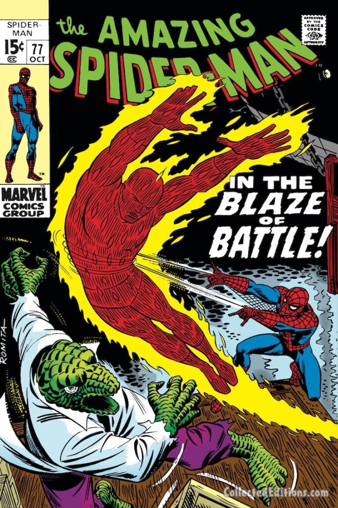 Amazing Spider-Man #77 cover; pencils and inks, John Romita Sr.; In the Blaze of Battle, Human Torch, Johnny Storm, Lizard, Curt Connors
