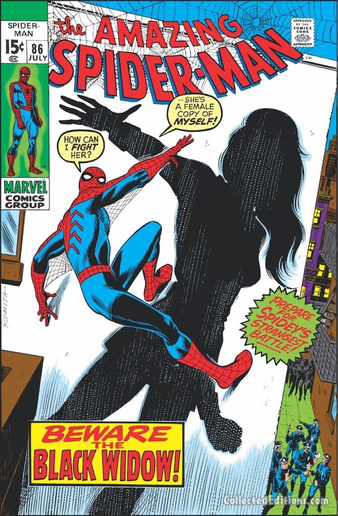 Amazing Spider-Man #83 cover; pencils and inks, John Romita Sr.; Black Widow, new costume, black costume, Beware