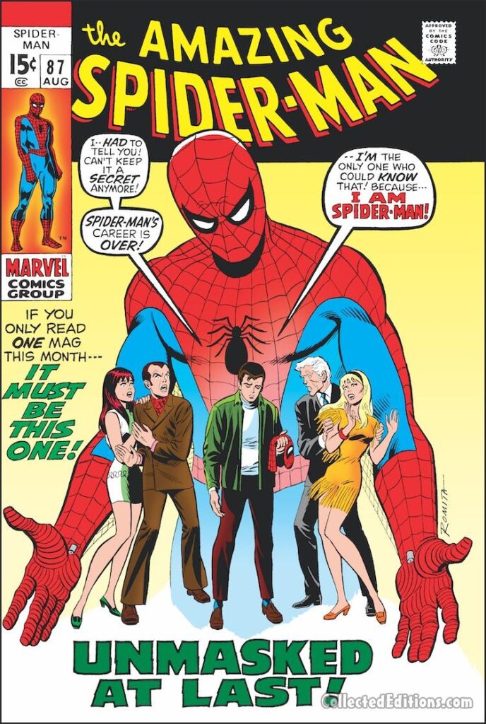 Amazing Spider-Man #83 cover; pencils and inks, John Romita Sr.; Unmasked At Last, Peter Parker, secret identity, Gwen Stacy, Mary Jane Watson, Harry Osborn, Captain George Stacy