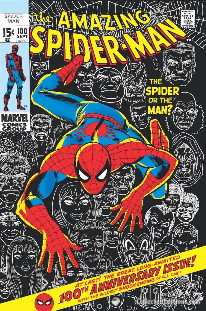 Amazing Spider-Man #100 cover; pencils, John Romita Sr.; inks, Frank Giacoiav; 100th issue anniversary, The Spider or the Man