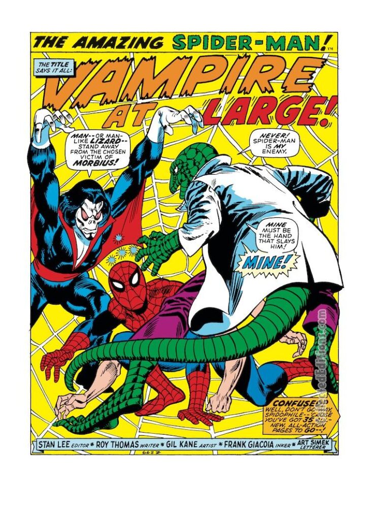 Amazing Spider-Man #102, pg. 1; pencils, Gil Kane; inks, Frank Giacoia; Vampire at Large, Morbius, Lizard, Roy Thomas, splash page