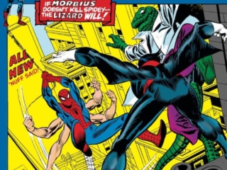 Amazing Spider-Man #102 cover; pencils, Gil Kane; inks, Frank Giacoia; Morbius, six-armed Spidey, Lizard, Vampire at Large