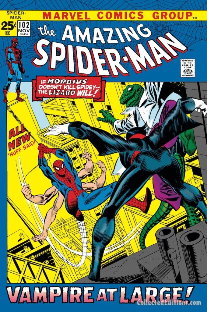 Amazing Spider-Man #102 cover; pencils, Gil Kane; inks, Frank Giacoia; Morbius, six-armed Spidey, Lizard, Vampire at Large