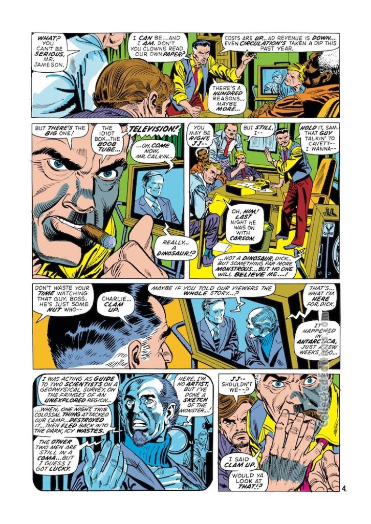 Amazing Spider-Man #103, pg. 4; pencils, Gil Kane; inks, Frank Giacoia; J. Jonah Jameson, Robbie Robertson, Antarctica, Dick Cavett. Daily Bugle