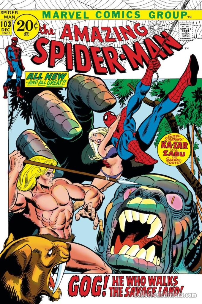 Amazing Spider-Man #103 cover; pencils, Gil Kane; inks, Frank Giacoia; Ka-Zar, Zabu, Gog, He Who Walks the Savage Land