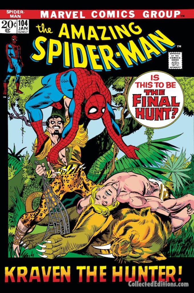 Amazing Spider-Man #104 cover; pencils, Gil Kane; inks, Frank Giacoia; Is This to be the Final Hunt?, Kraven the Hunter, Ka-Zar, Zabu, Savage Land