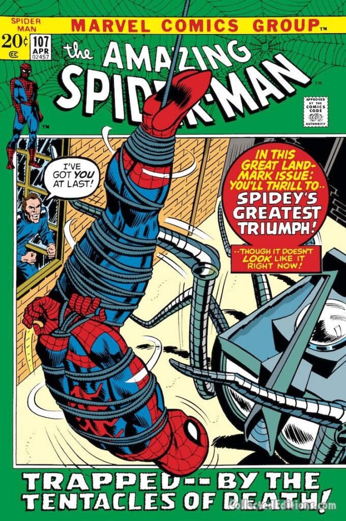 Amazing Spider-Man #107 cover; pencils, John Romita Sr.; inks, Frank Giacoia; Trapped by the Tentacles of Death, Spider-Slayer II, Spencer Smythe