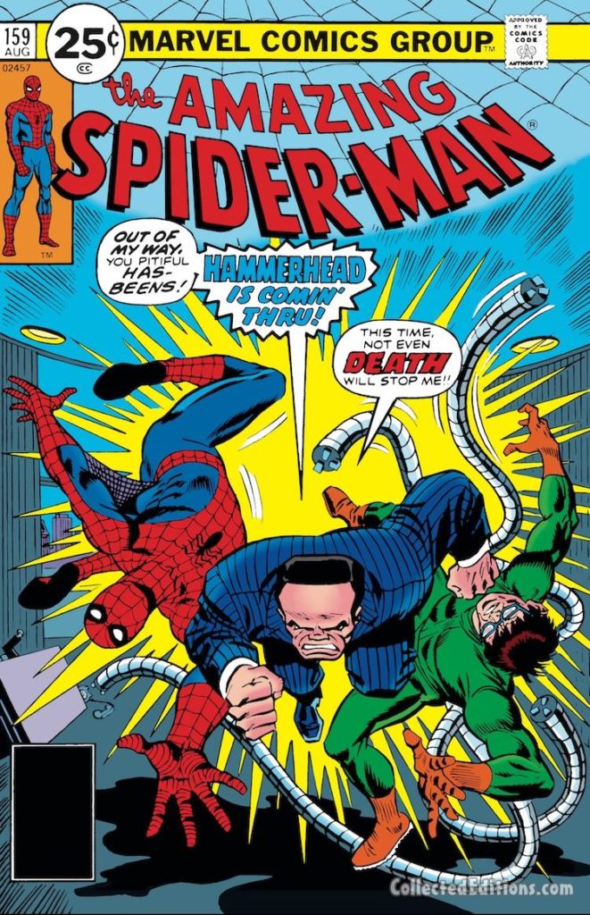 Amazing Spider-Man #159 cover; pencils, Ross Andru; inks, Frank Giacoia; Hammerhead is comin&rsquo; thru, Doc Ock